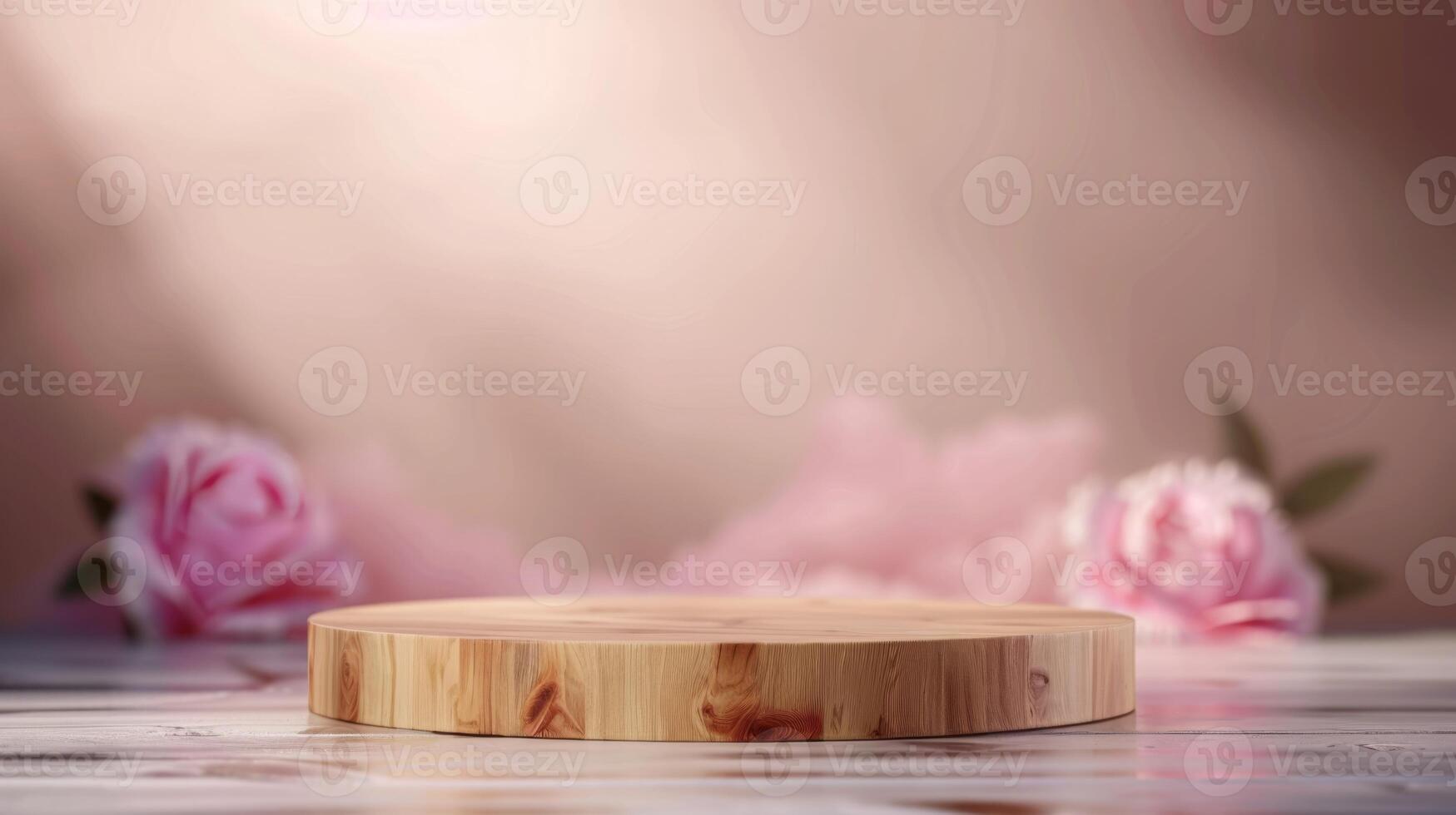 3D Advertising Wooden Empty Podium with Pink Floral Bcakground. Tender Pastel Product Presentation Mockup Template. photo