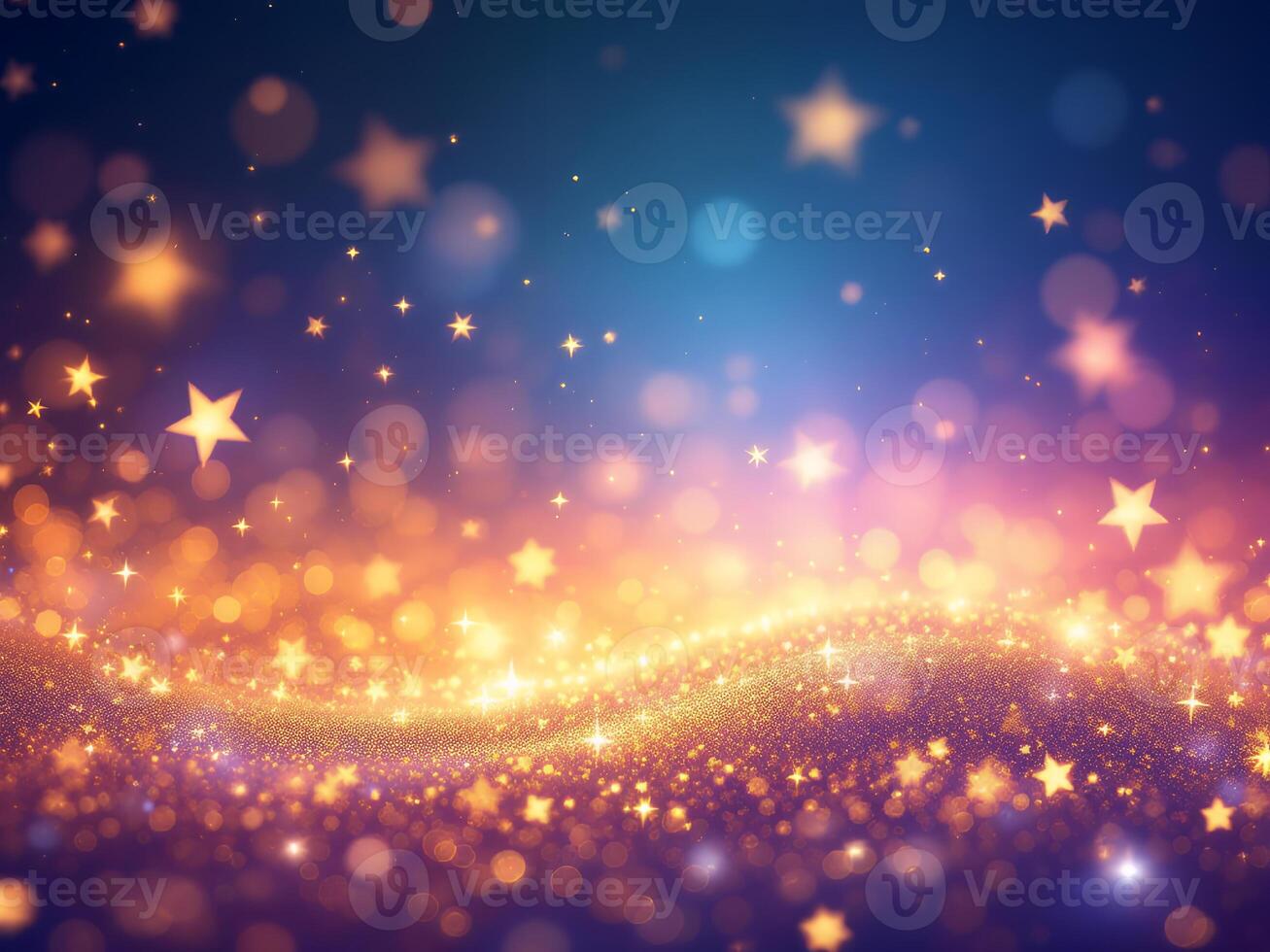 Glittering gradient background with hologram effect and magic lights. Holographic abstract fantasy backdrop with fairy sparkles, gold stars and festive blurs photo