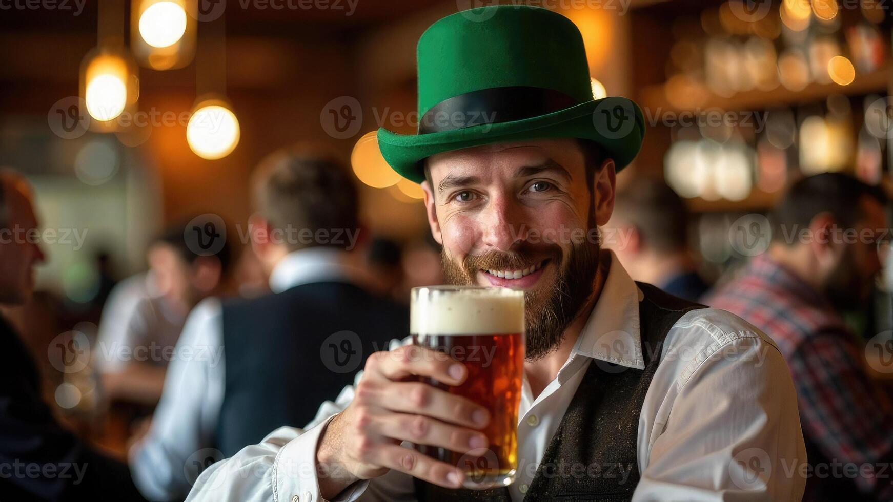Smiling young man in green leprechaun hat drinking beer at bar in Irish pub. St Patrick's Day celebration, social events. photo