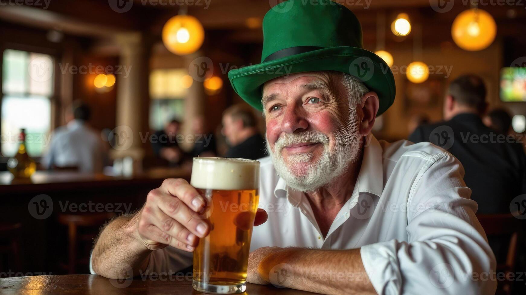 Happy elderly man in green hat and traditional Irish outfit holding pint of beer in busy pub. St Patrick's Day celebrations in Ireland photo