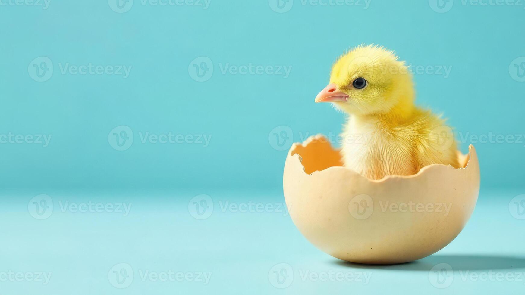 fluffy yellow chick hatches from an eggshell against a pastel blue background, symbolizing new beginnings, spring, and Easter celebrations. Copy space photo
