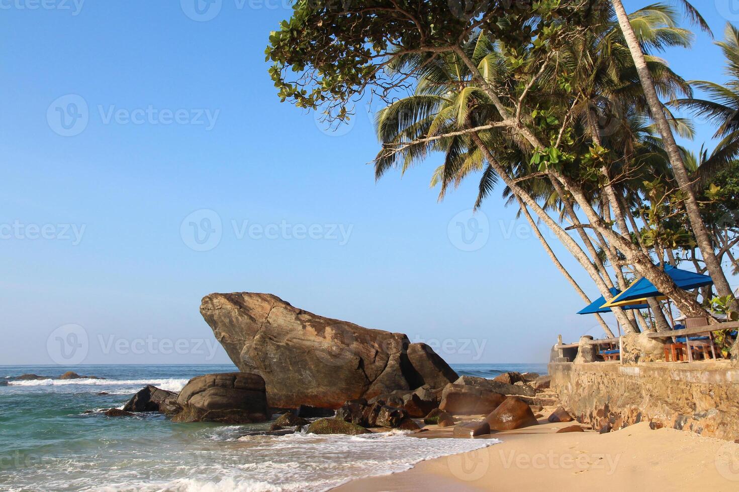 Frog Rock with palm and coconut trees on Dalawella beach in Sri Lanka on a sunny day. Holidays and vacations in Sri Lanka. Travel nature background photo