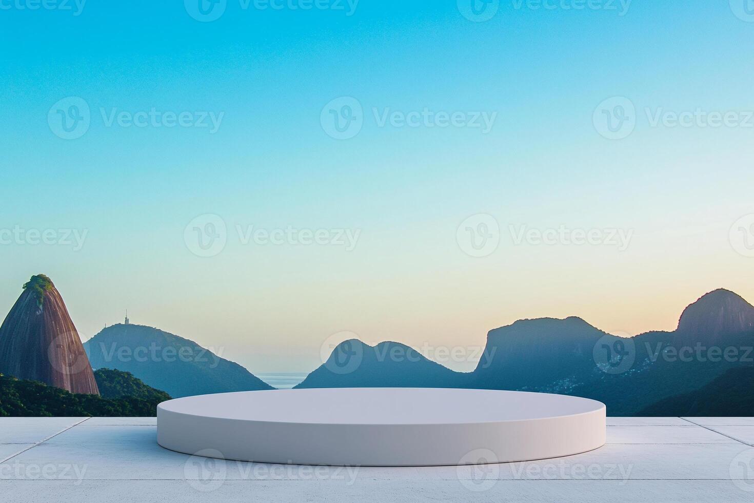 A white podium on a concrete floor with mountains in the background photo