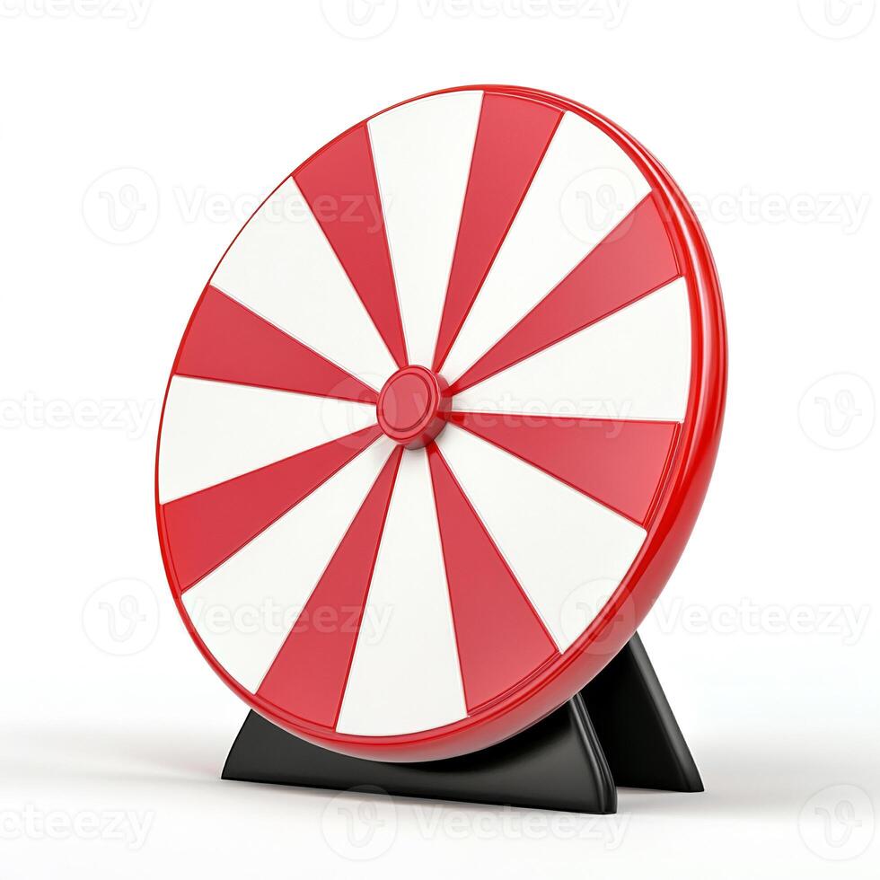 A red and white spinning wheel on a stand photo