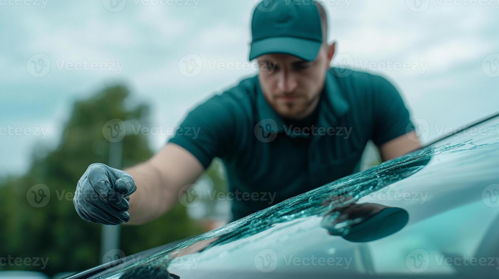 A man in a green shirt is cleaning the windshield of a car photo