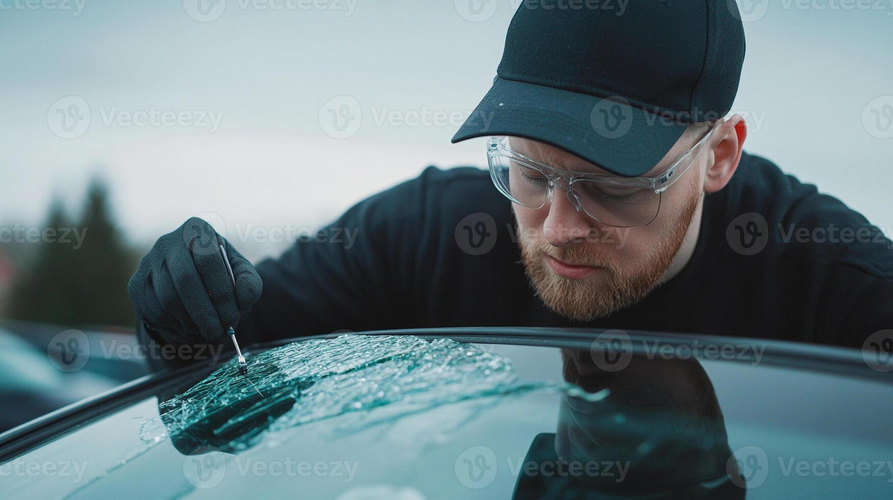 A man in a black shirt and glasses is fixing a windshield photo