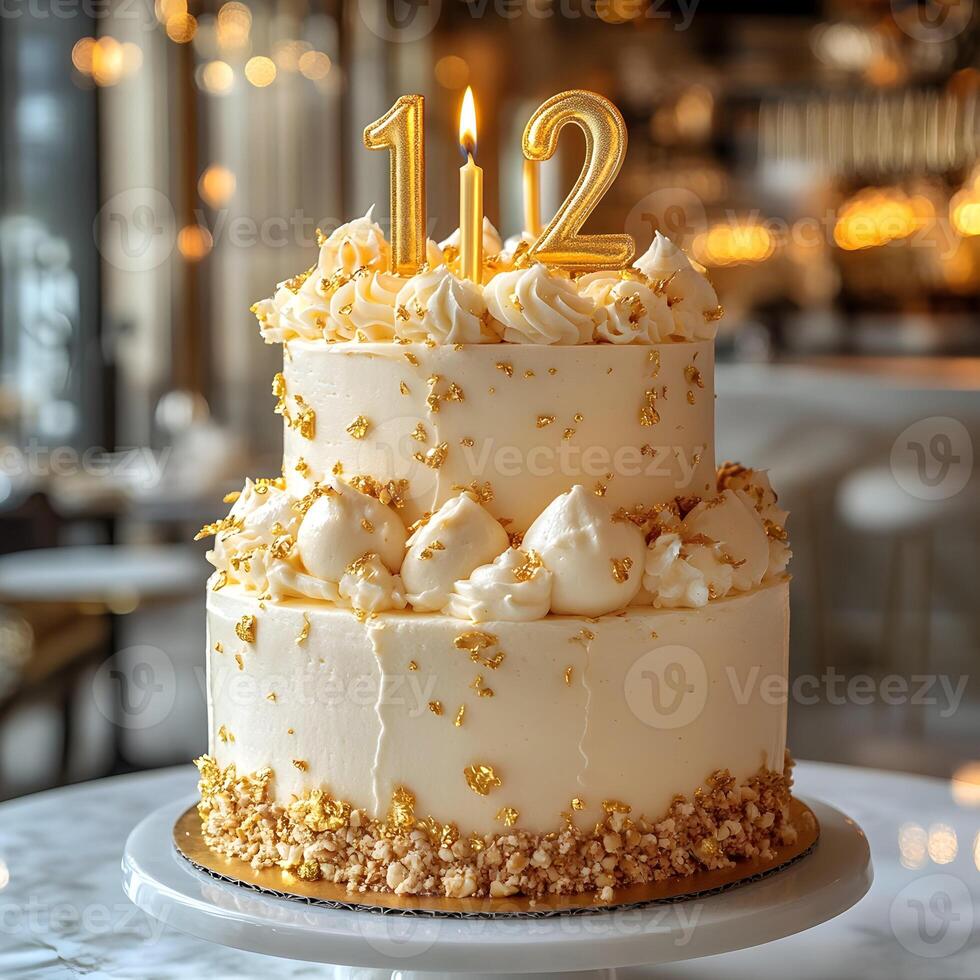 celebrating 12th anniversary fancy cake with a burning birthday candle. photo