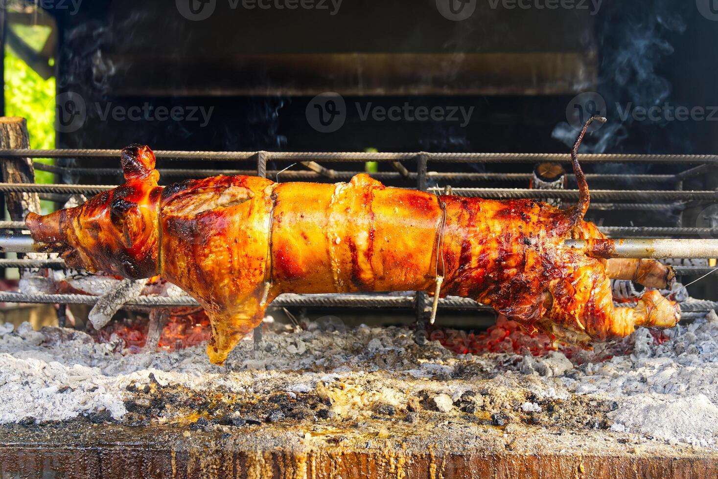 Whole pig spit roasted. Pig roasted on a barbecue spit. Outdoor Barbecue grill in open bbq pit. The little pig is roasted whole on an open fire. photo