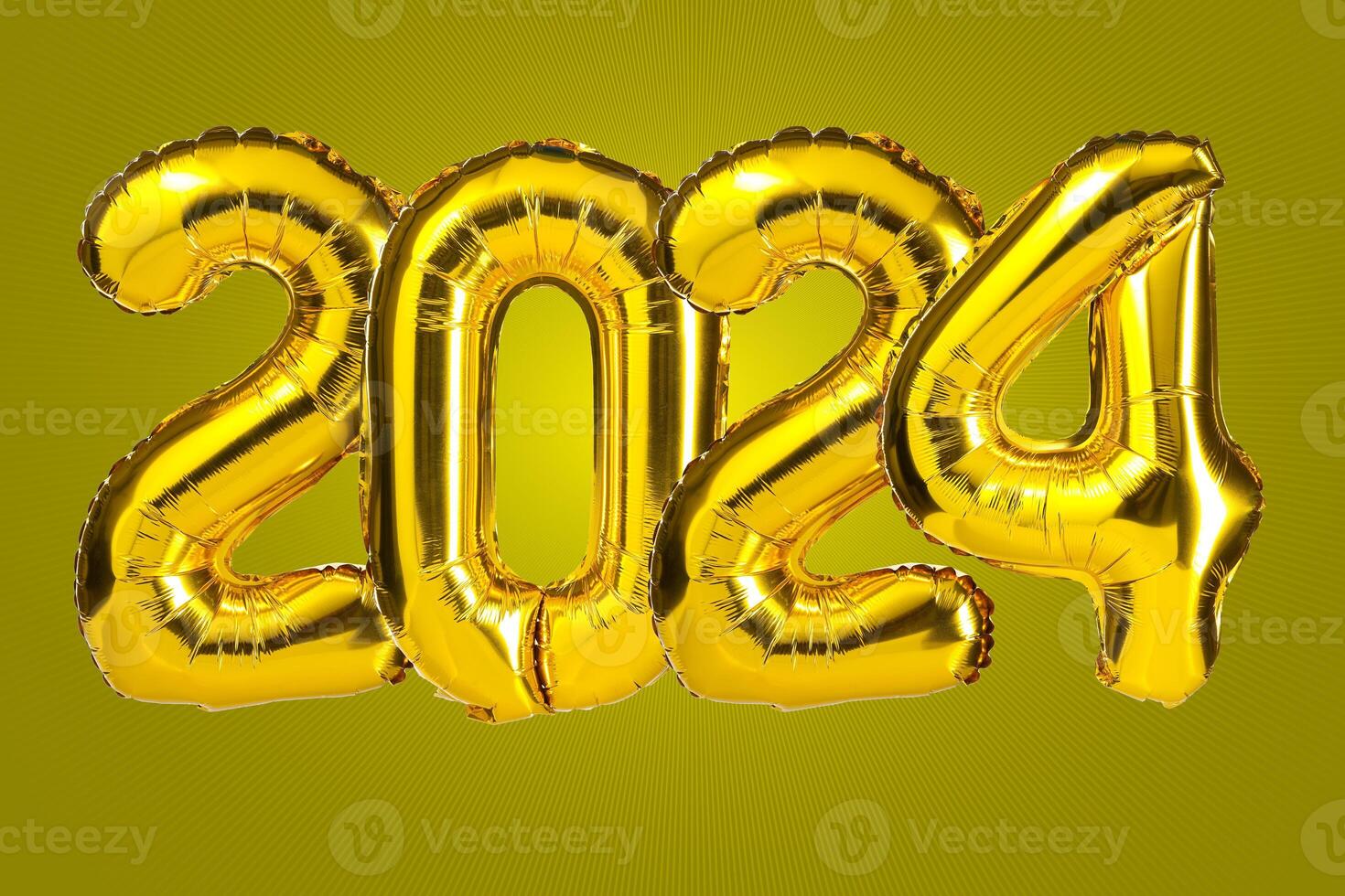 New Year 2024 celebration. Golden Yellow foil color balloons. 2024 balloons. On Yellow background photo