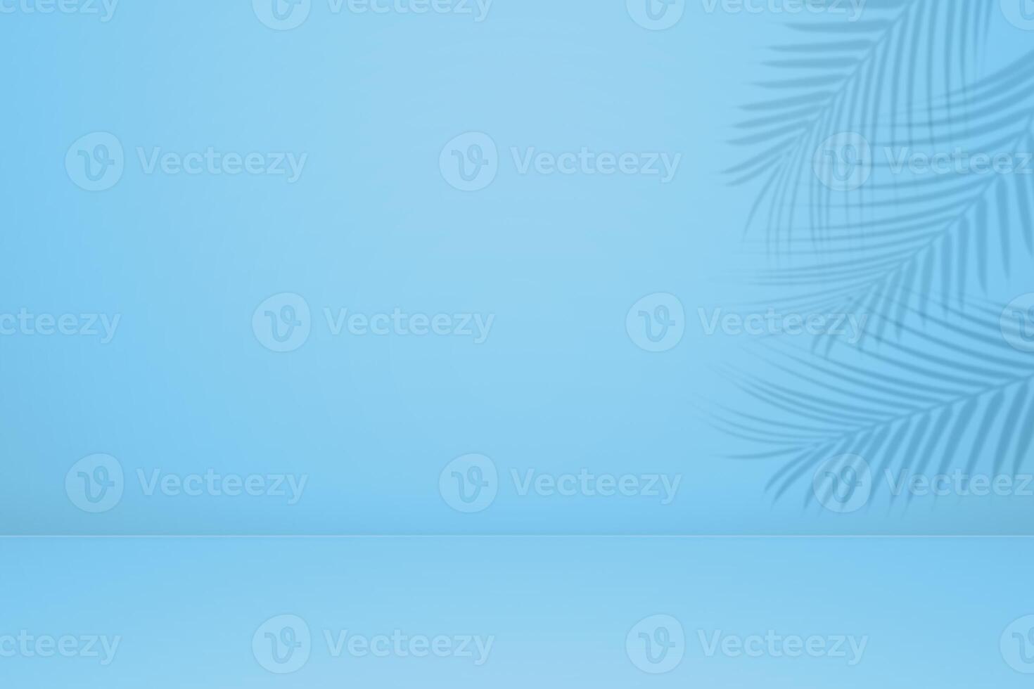 Empty palm shadow texture pattern cement on blue wall background Summer tropical minimal concept photo