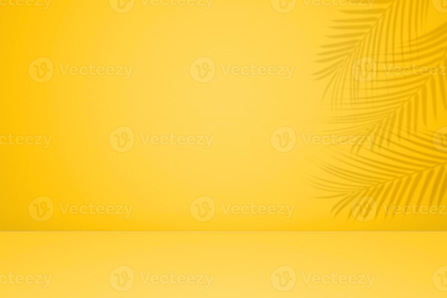 Empty palm shadow texture pattern cement on yellow wall background Summer tropical minimal concept photo