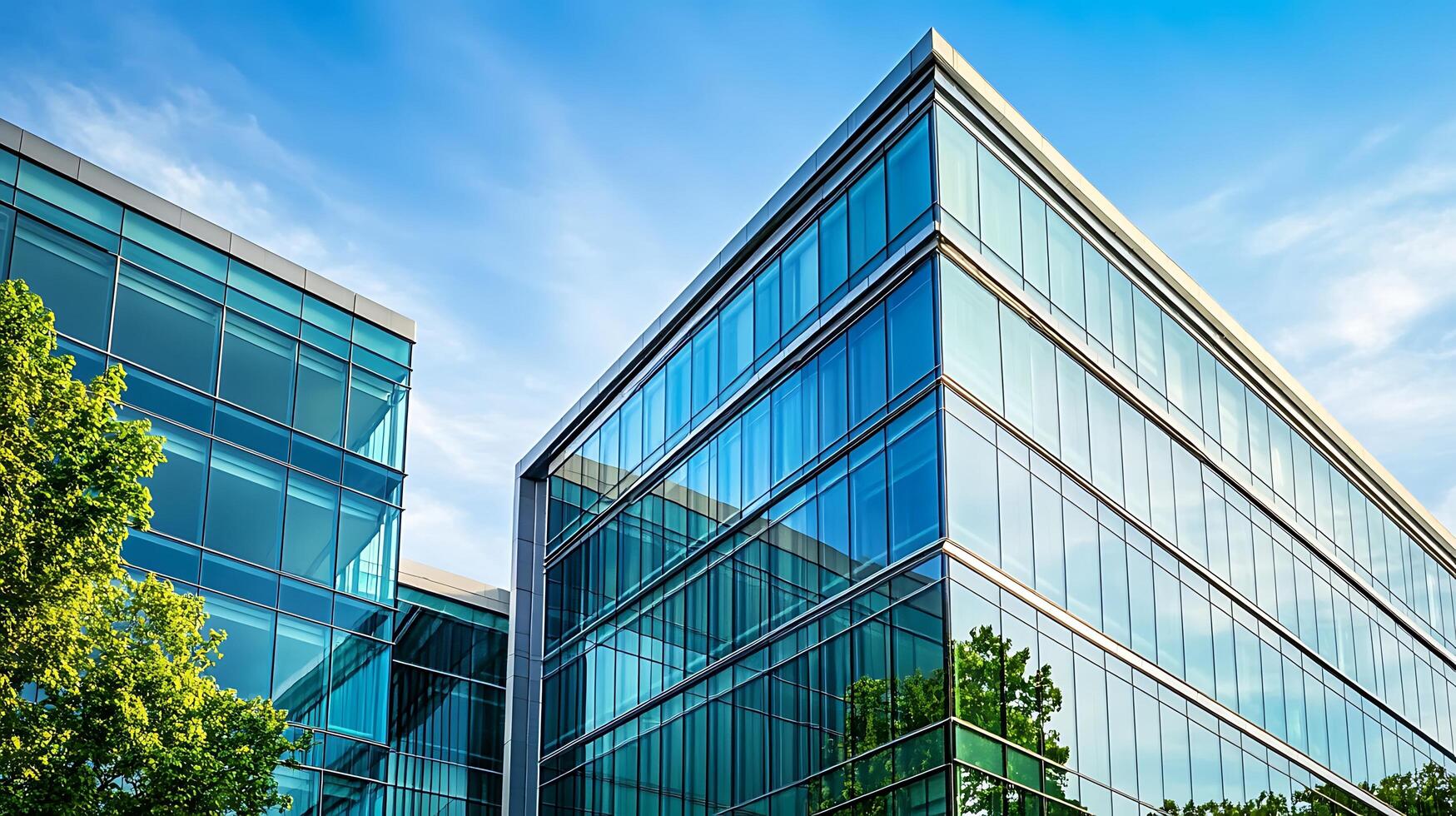 Reflections of the sky on a sleek glass office building facade photo