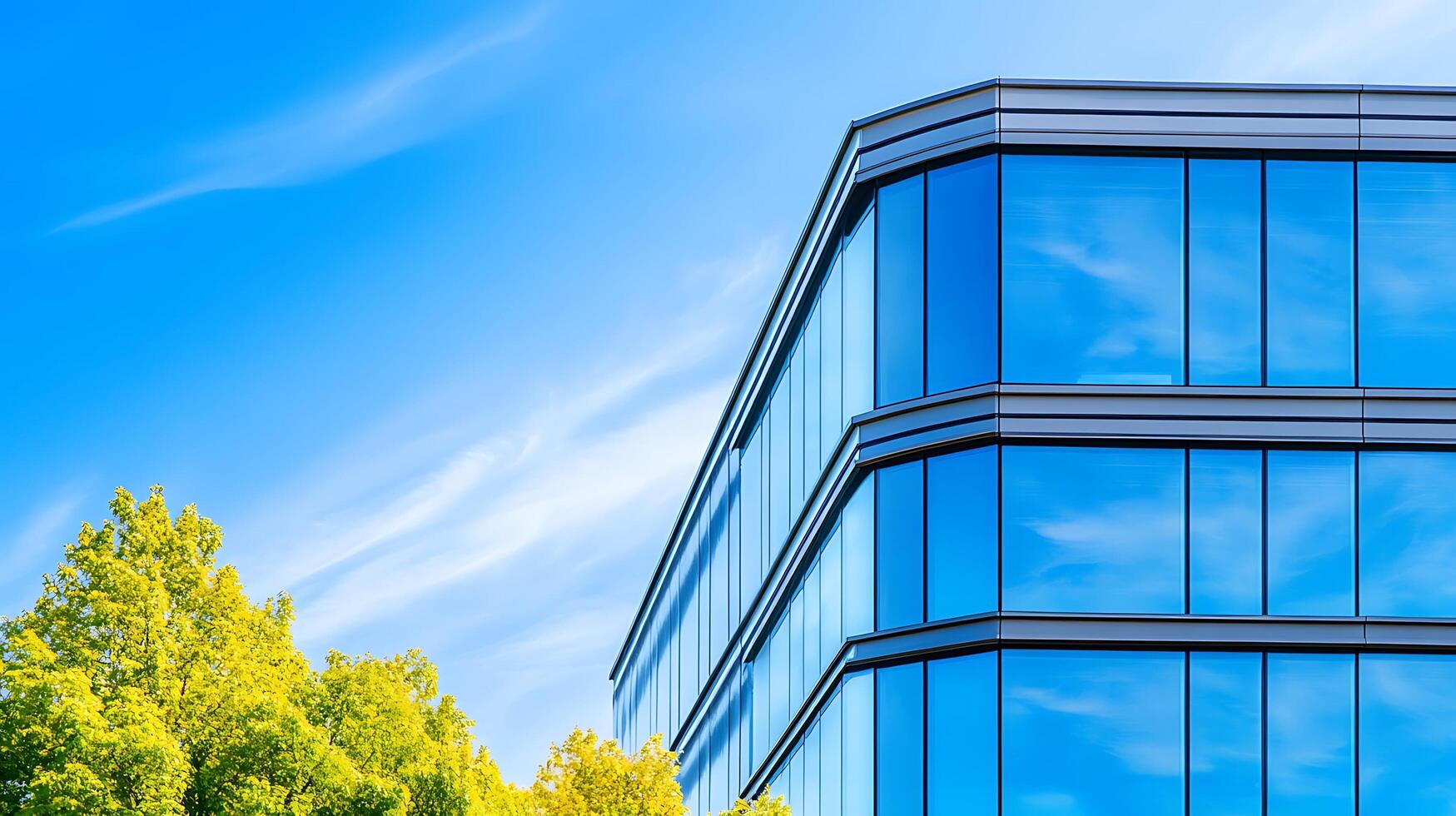 Bright blue skies reflecting off the glass facade of a modern office photo