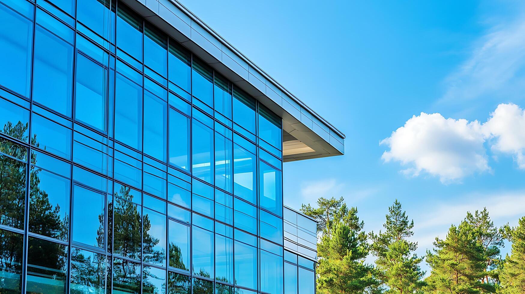 Modern office exterior close-up showcasing glass and scenic surroundings photo