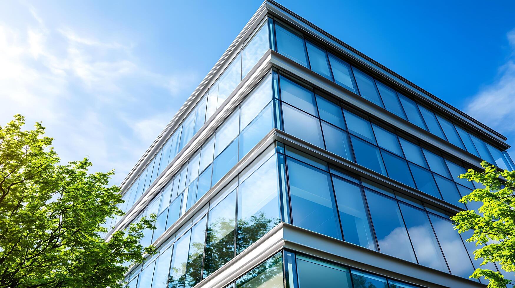 Blue skies and trees framing a stunning modern glass office exterior photo