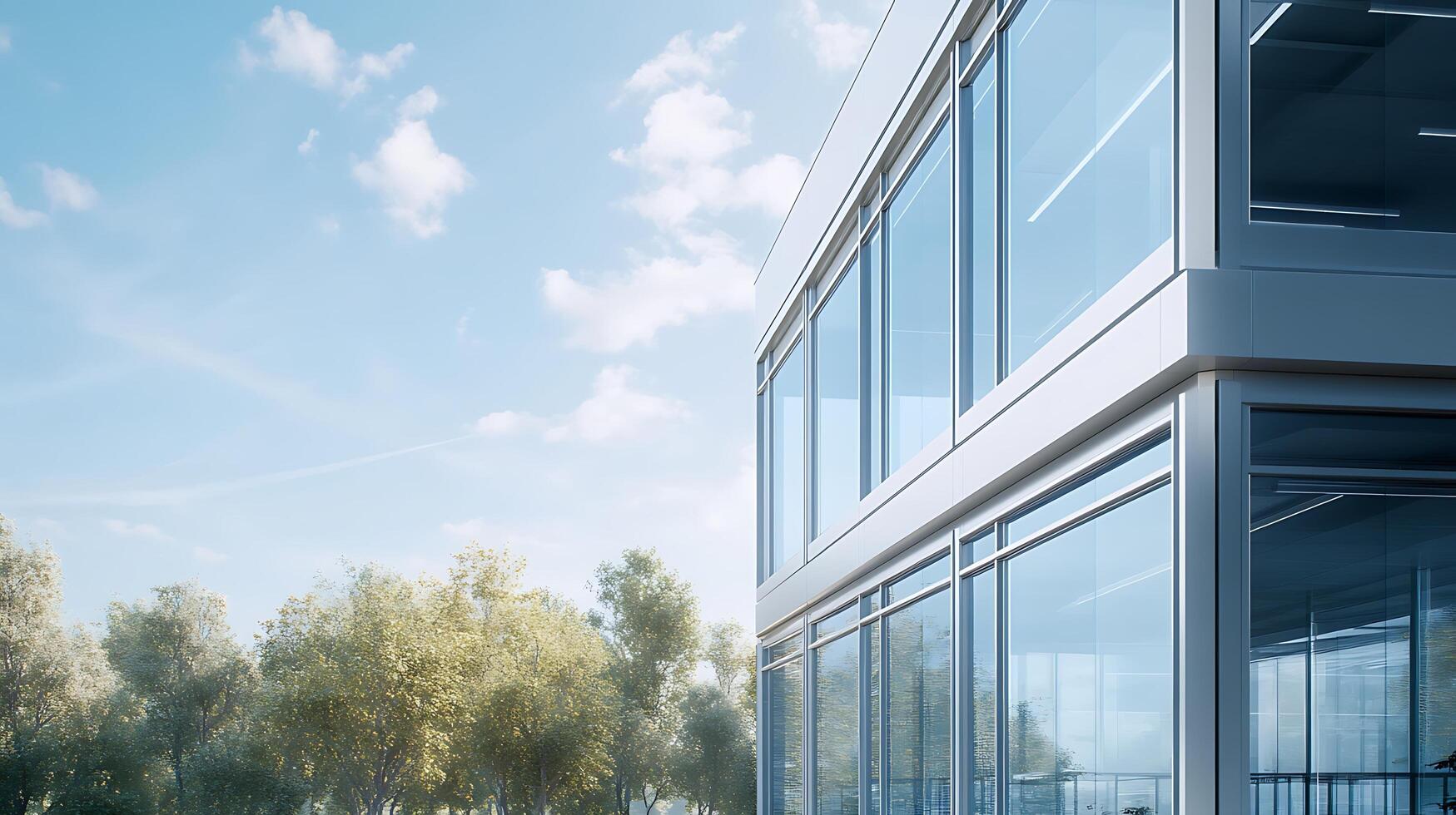 Minimalist glass office structure surrounded by vibrant natural elements photo
