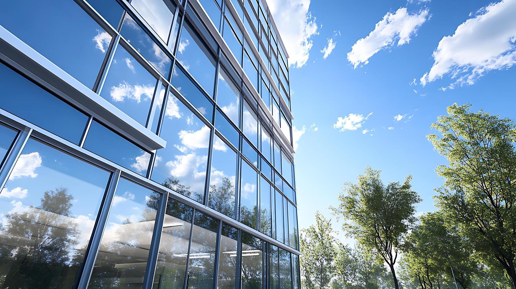 Reflection of a clear sky in the sleek glass of an office photo