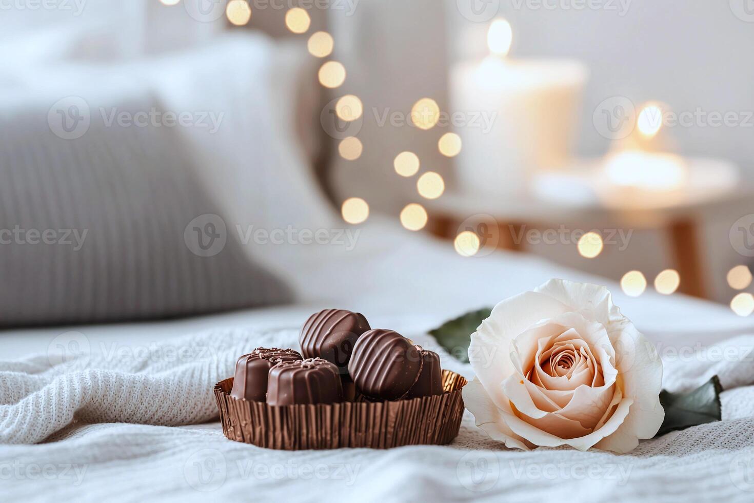 Chocolates on a satin pillow, a rose and fairy lights creating a romantic bedroom ambiance photo