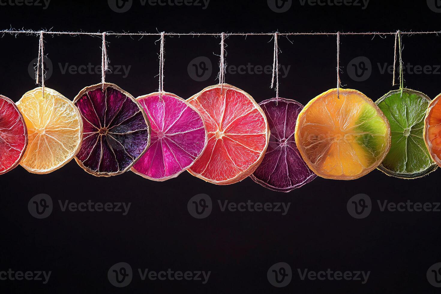 Abstract patterns of dehydrated fruit slices hanging, an artful take on healthy snacking photo