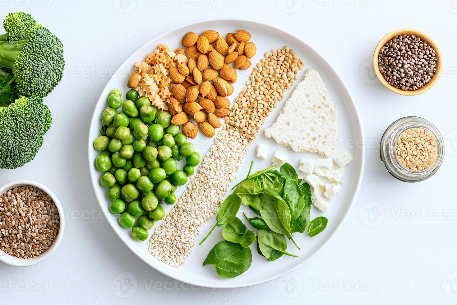 Balanced eating artistic plate of low fat food groups with detailed nutrition information photo