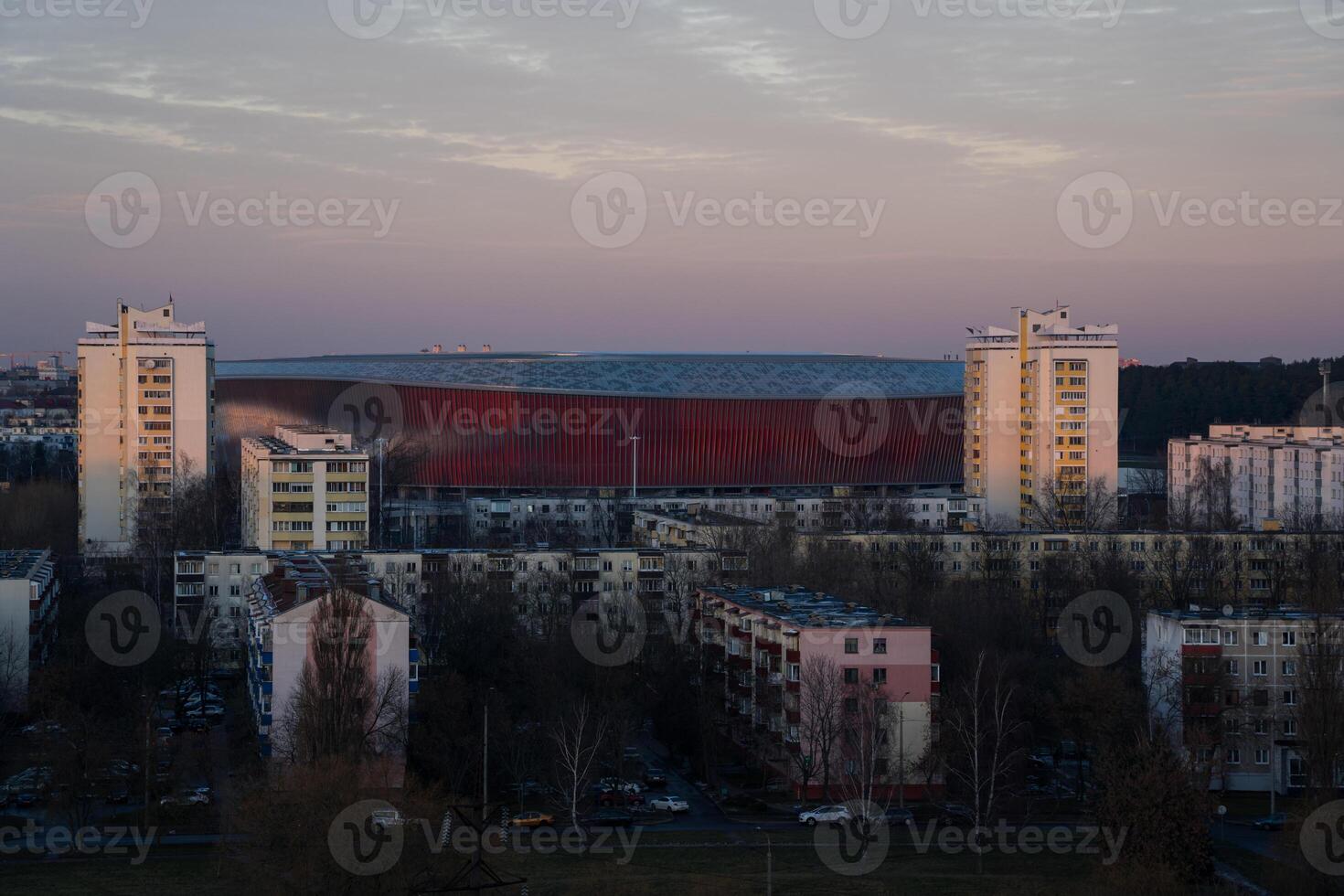 View of the national stadium Minsk from a height in the evening photo