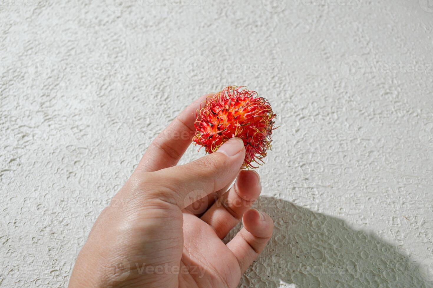 hadn holding Fresh red rambutan on a textured white background, perfect as a digital asset for design projects, posters, advertisements, or creative media photo