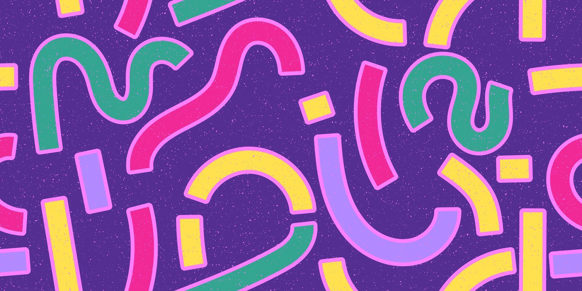 Minimalist retro style texture with grainy effect. Seamless geometric pattern with bold lines. 90s style geometric collage. Simple pattern. Circles, waves, curves. vector