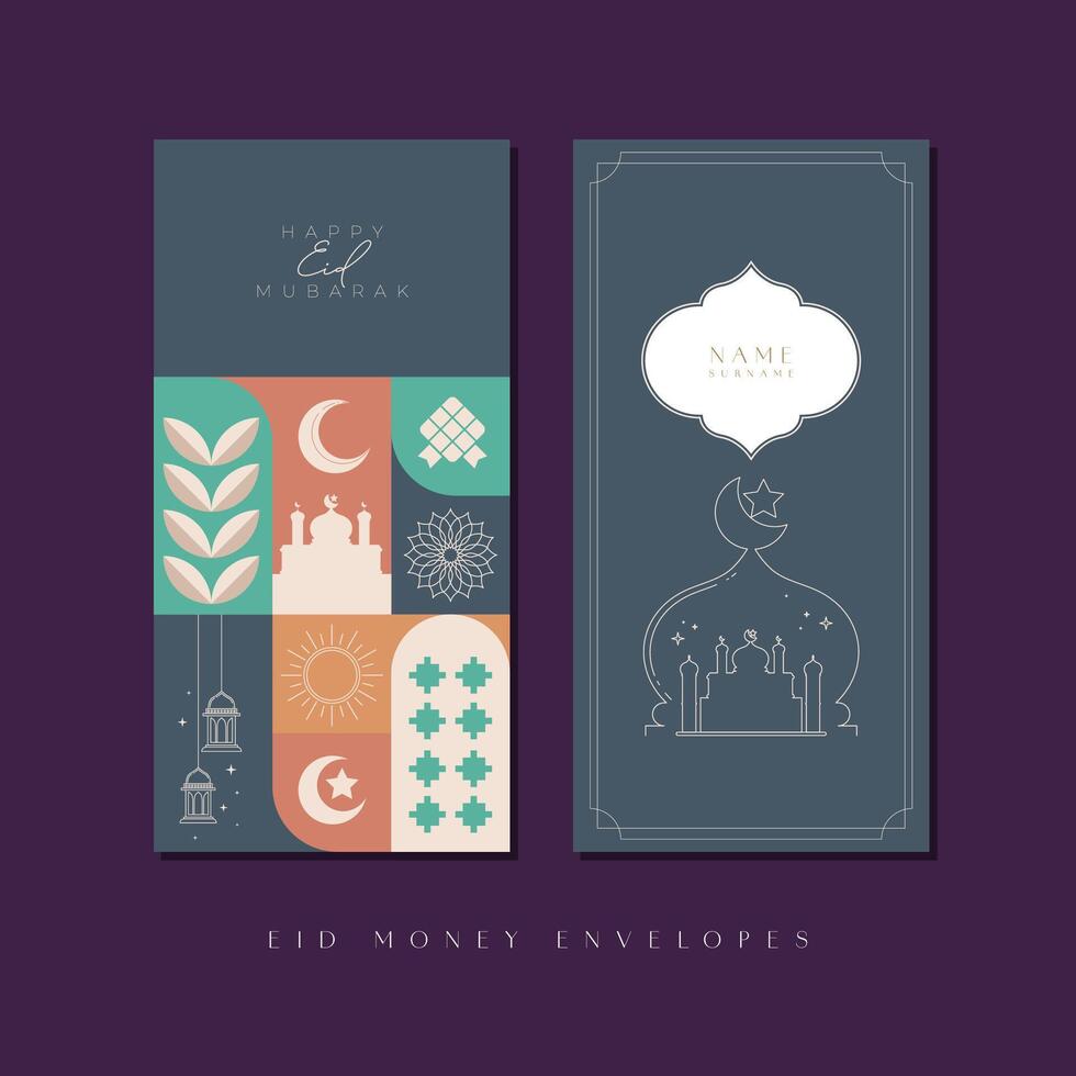 Idul Fitri, Lebaran, Ramadan Kareem money envelope template design. Eid Mubarak envelope for the traditional Muslim holiday with symbols like lamp, mosque, and crescent for a joyful celebration. vector