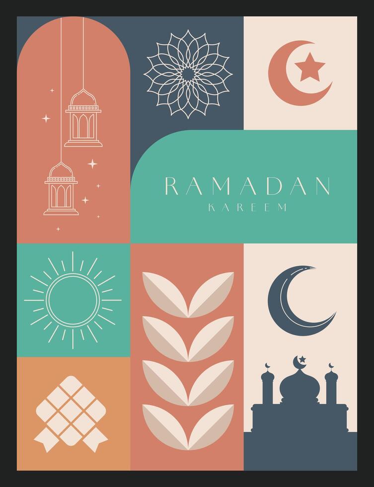 a Ramadan Kareem banners and flyers. Greeting Ramadan Mubarak cards for the traditional Muslim holiday with symbols like lamp, mosque, crescent for a joyful celebration. Template for media and web. vector