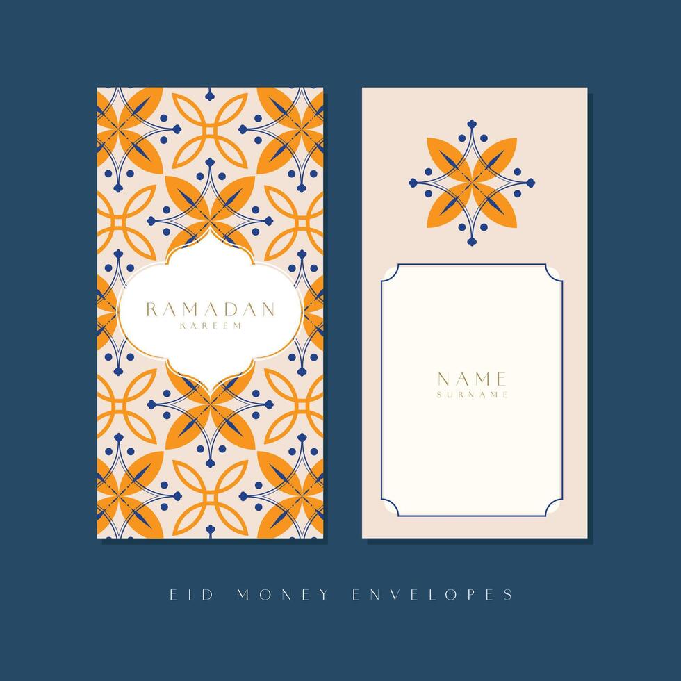 Eid Mubarak money envelope template design featuring Moroccan patterns and traditional Muslim symbols like a lamp, mosque, and crescent for a joyful Idul Fitri celebration. vector