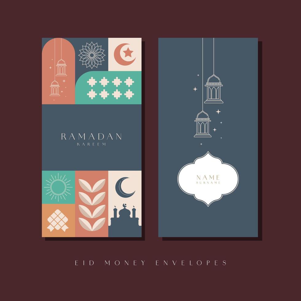 lebaran, Idul Fitri, Ramadan Kareem money envelope template design. Eid Mubarak envelope for the traditional Muslim holiday with symbols like lamp, mosque, and crescent for a joyful celebration. vector