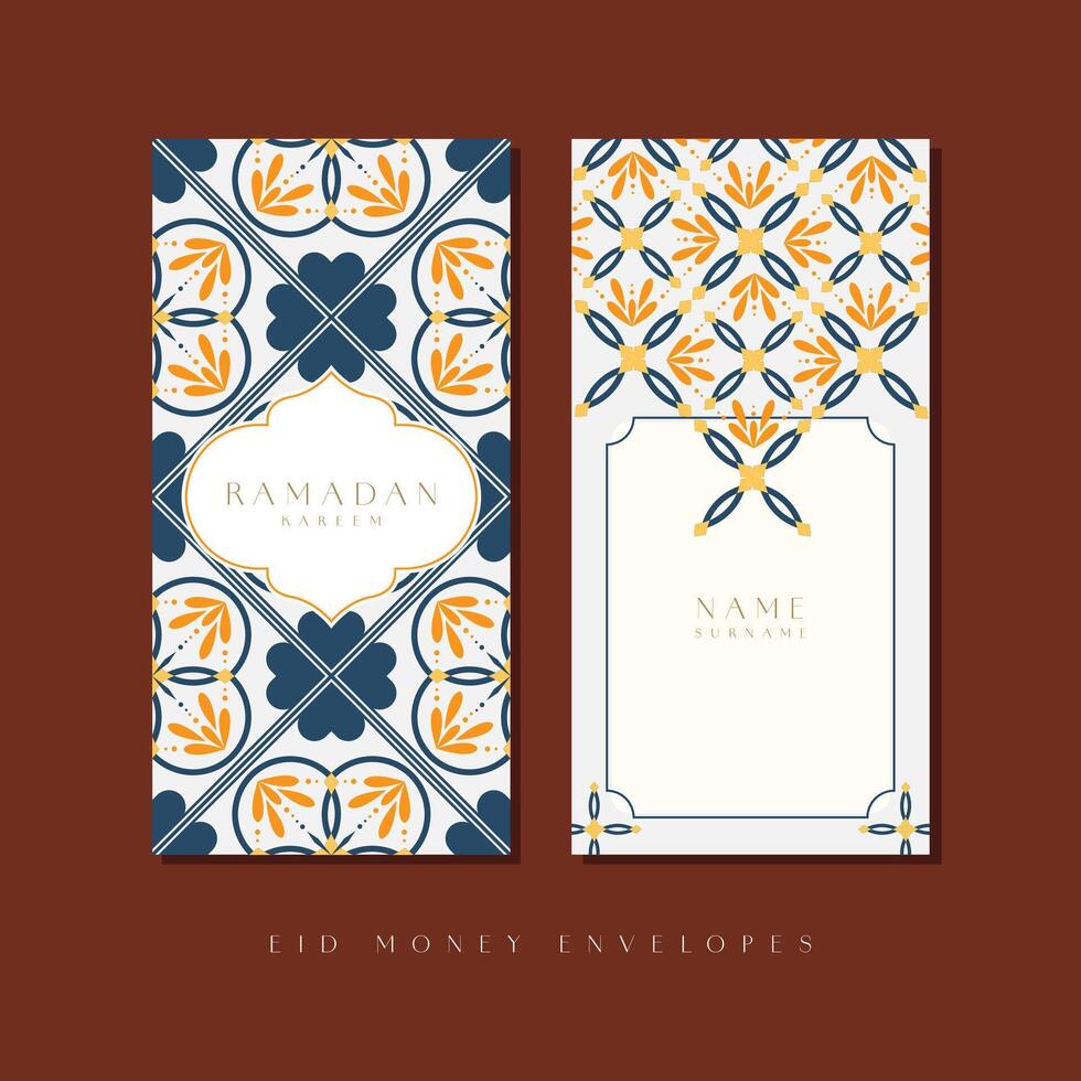 Idul Fitri, Lebaran, Ramadan Kareem money envelope template design. Eid Mubarak moroccan pattern, traditional Muslim holiday with symbols like lamp, mosque, crescent for a joyful celebration. vector