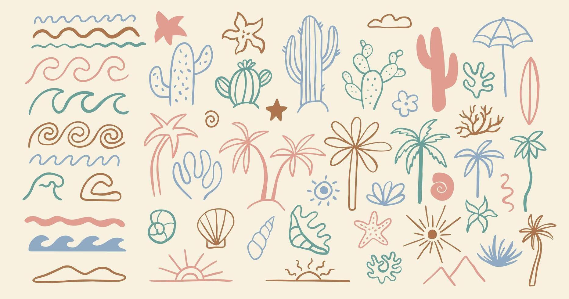 Groovy boho beach summer outline elements. Drawn palm tree and cactus. Abstract minimal sea and sun in trendy retro naive simple style. vector