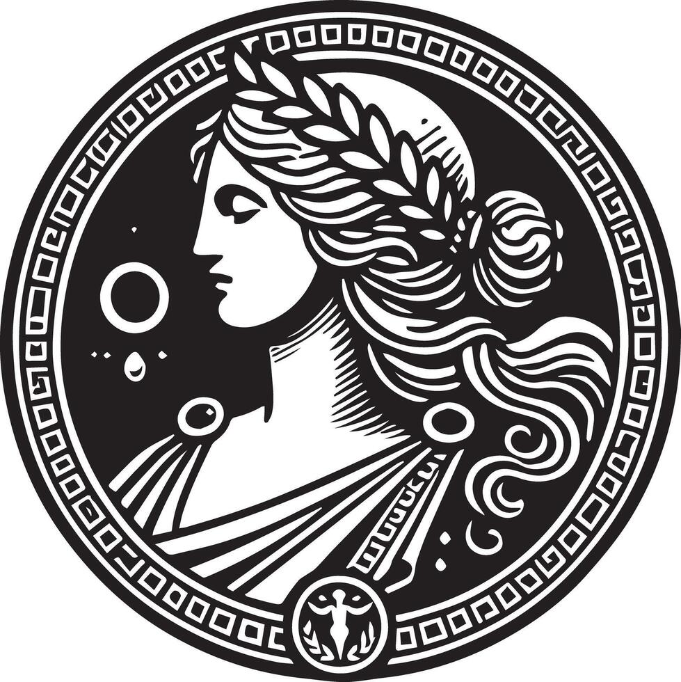 simple black and white illustration of Persephone, featuring her with flowing robes and a pomegranate, embodying her duality as the goddess of spring and queen of the underworld in Greek mythology vector