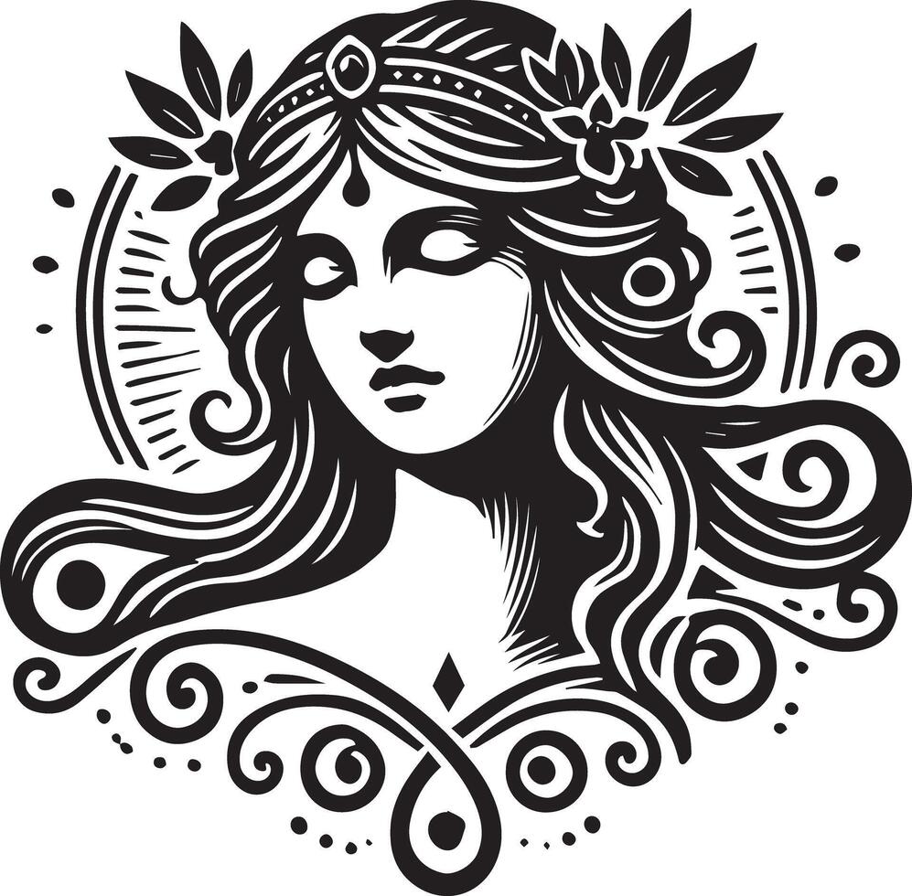 Goddess Persephone illustration. Goddess Proserpina illustration. Simple Persephone black and white illustration. Roman goddess Proserpina. Greek Goddess Persephone. Greek mythology. Roman mythology vector