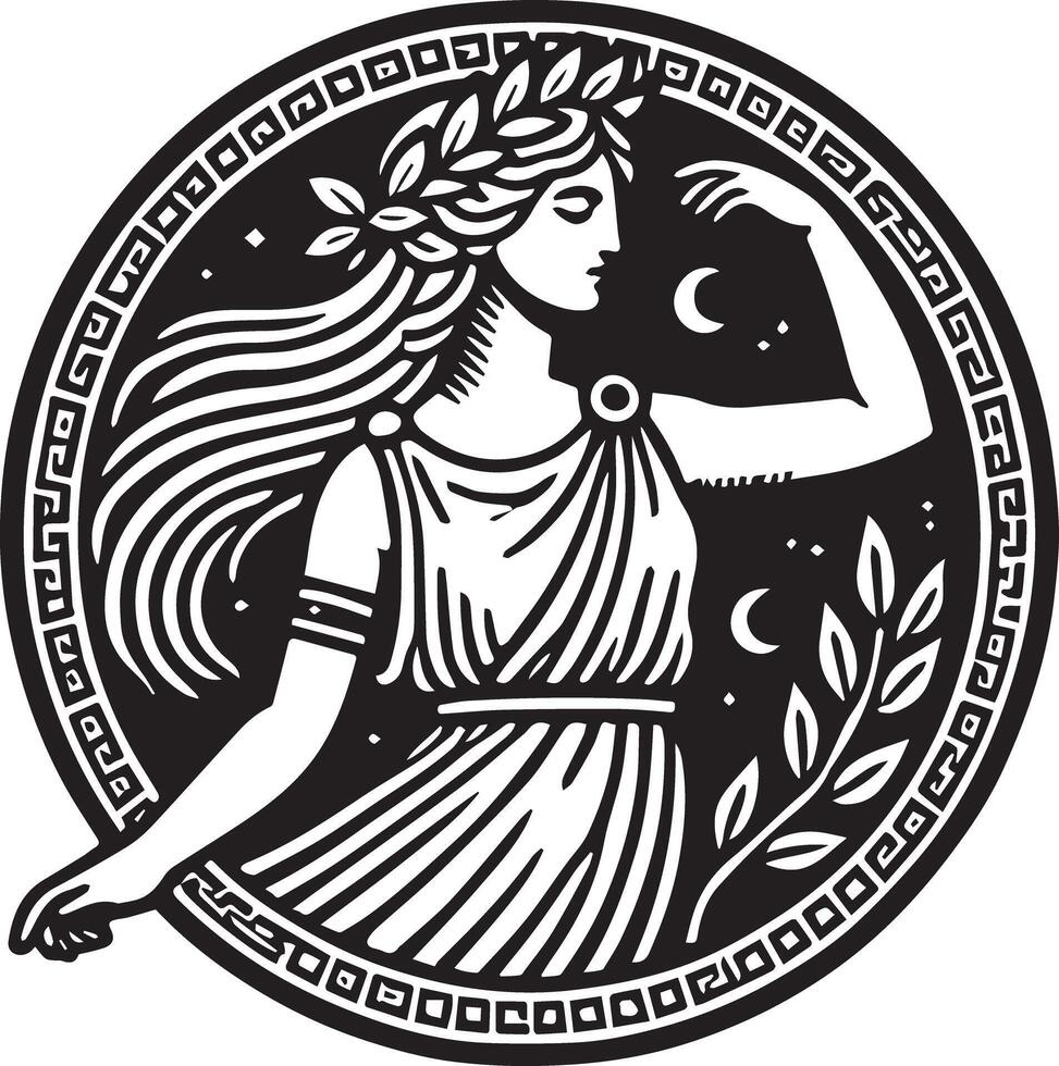 captivating drawing of Greek Goddess Persephone, illustrating her story as Demeter's daughter, her abduction by Hades, and her role as a symbol of life, death, and rebirth in mythology vector