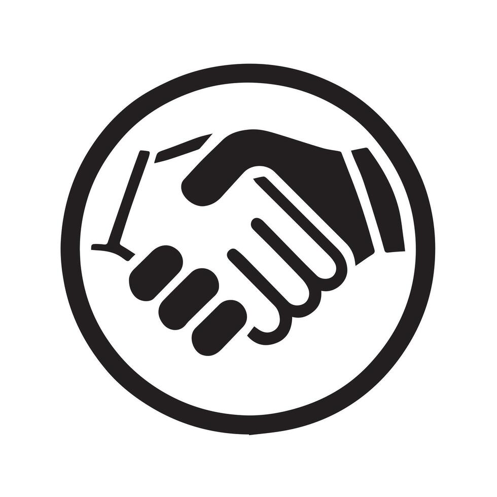 A clean, simple, black line drawing of two hands shaking. vector