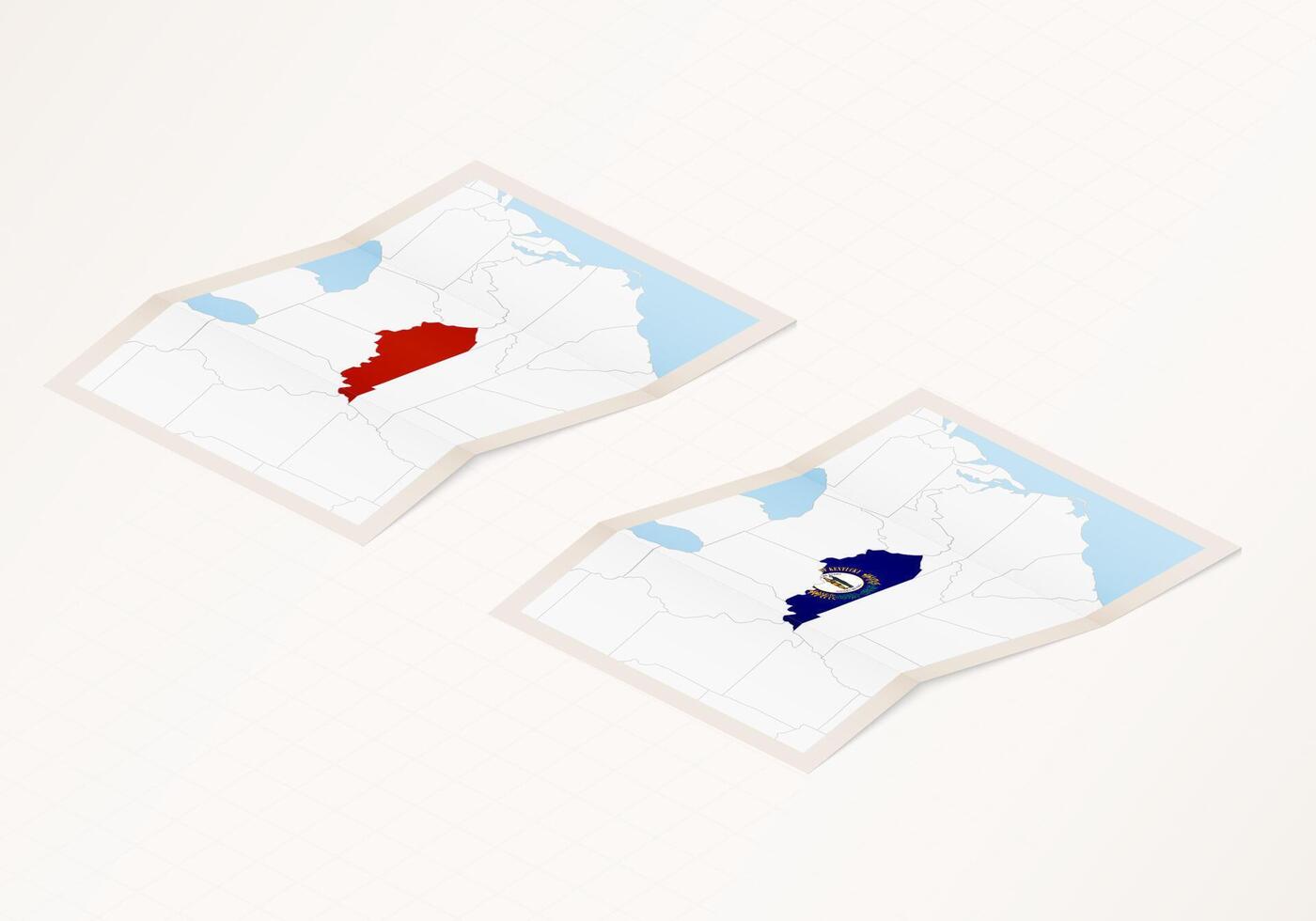 Two versions of a folded map of Kentucky with the flag of the country of Kentucky and with the red color highlighted. vector