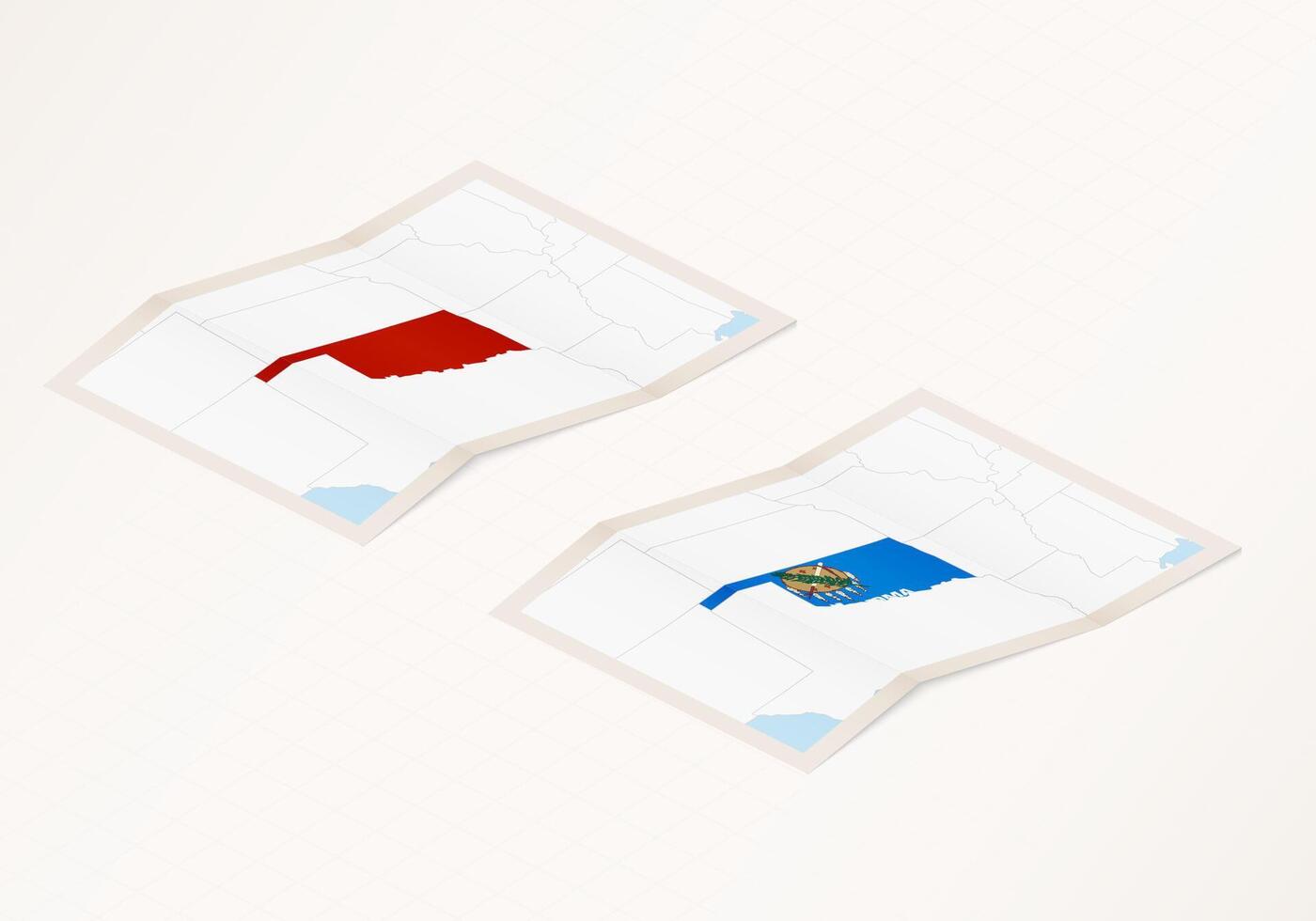 Two versions of a folded map of Oklahoma with the flag of the country of Oklahoma and with the red color highlighted. vector