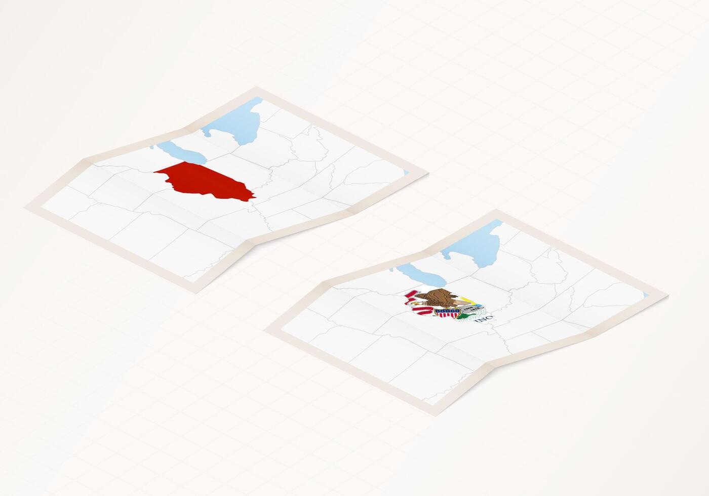 Two versions of a folded map of Illinois with the flag of the country of Illinois and with the red color highlighted. vector