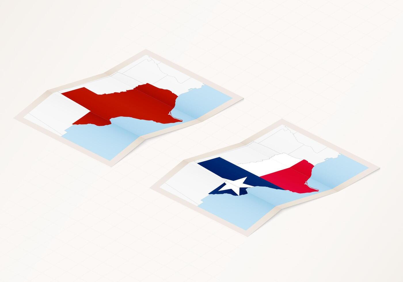 Two versions of a folded map of Texas with the flag of the country of Texas and with the red color highlighted. vector