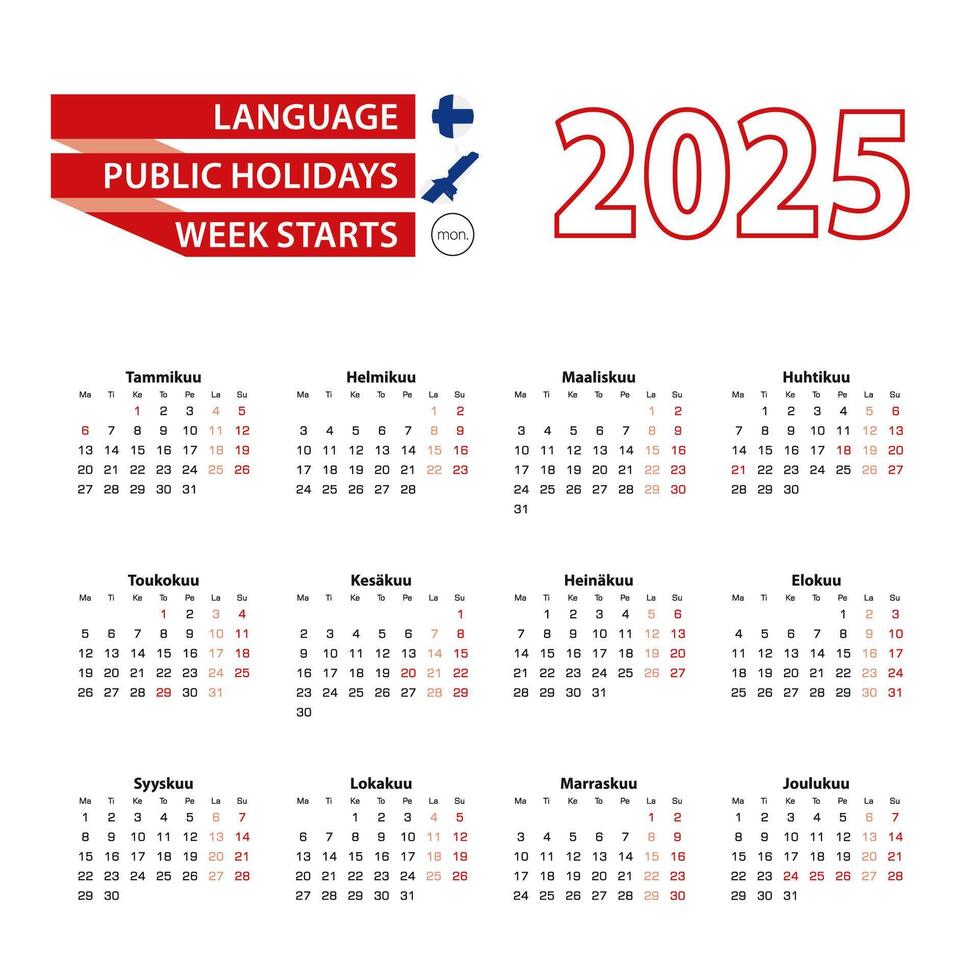 Calendar 2025 in Finnish language with public holidays the country of Finland in year 2025. vector