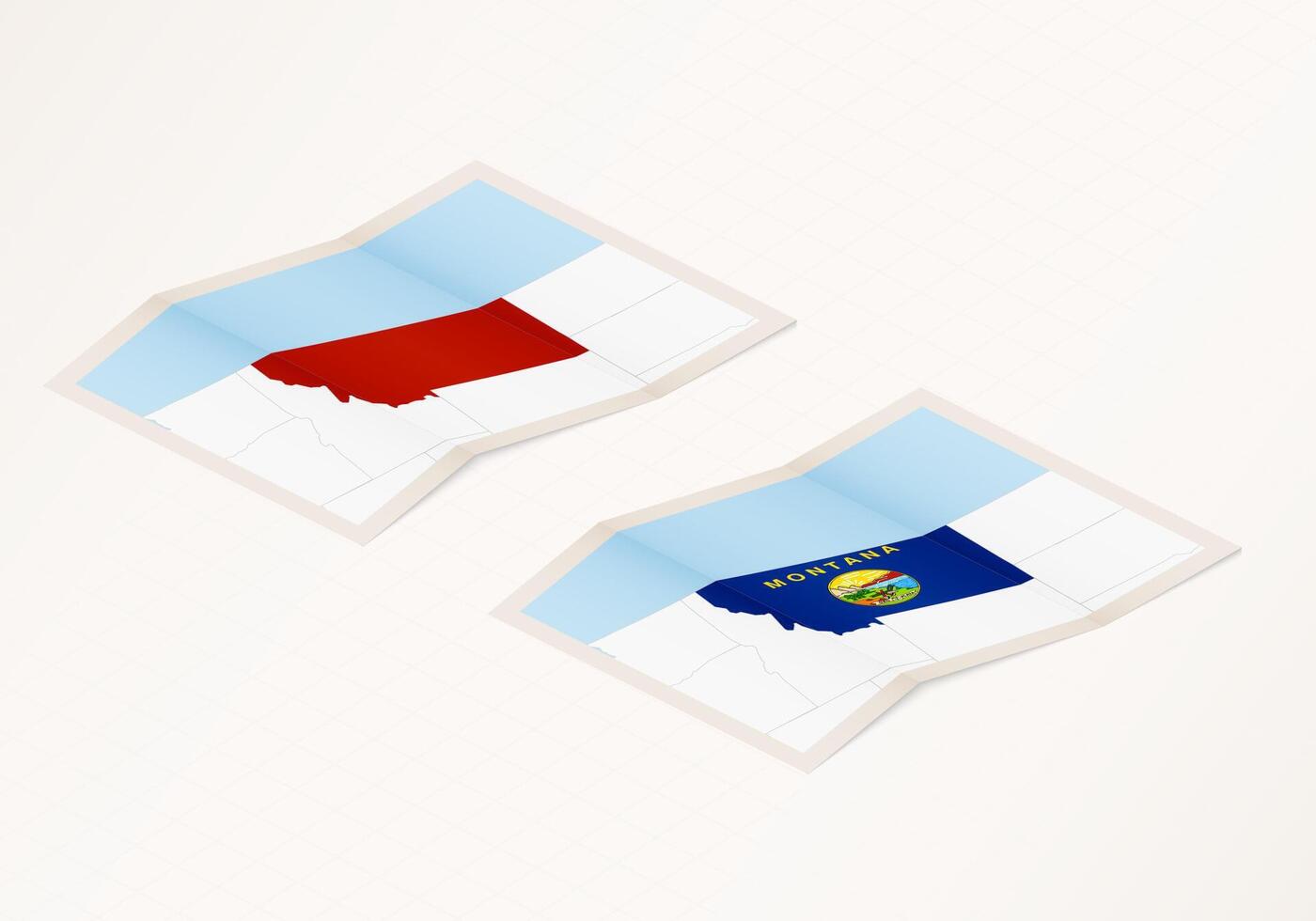 Two versions of a folded map of Montana with the flag of the country of Montana and with the red color highlighted. vector