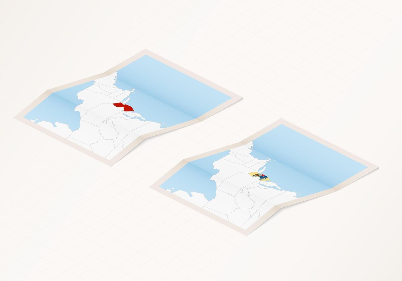 Two versions of a folded map of New Jersey with the flag of the country of New Jersey and with the red color highlighted. vector
