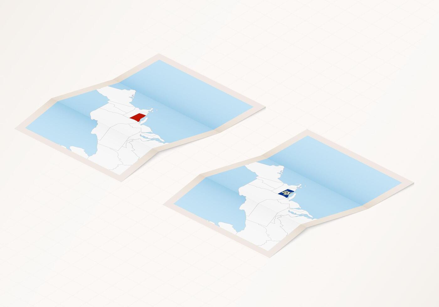 Two versions of a folded map of Connecticut with the flag of the country of Connecticut and with the red color highlighted. vector