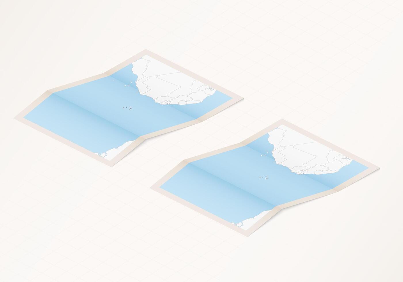 Two versions of a folded map of Cape Verde with the flag of the country of Cape Verde and with the red color highlighted. vector