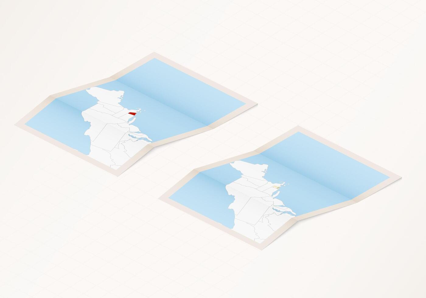 Two versions of a folded map of Rhode Island with the flag of the country of Rhode Island and with the red color highlighted. vector