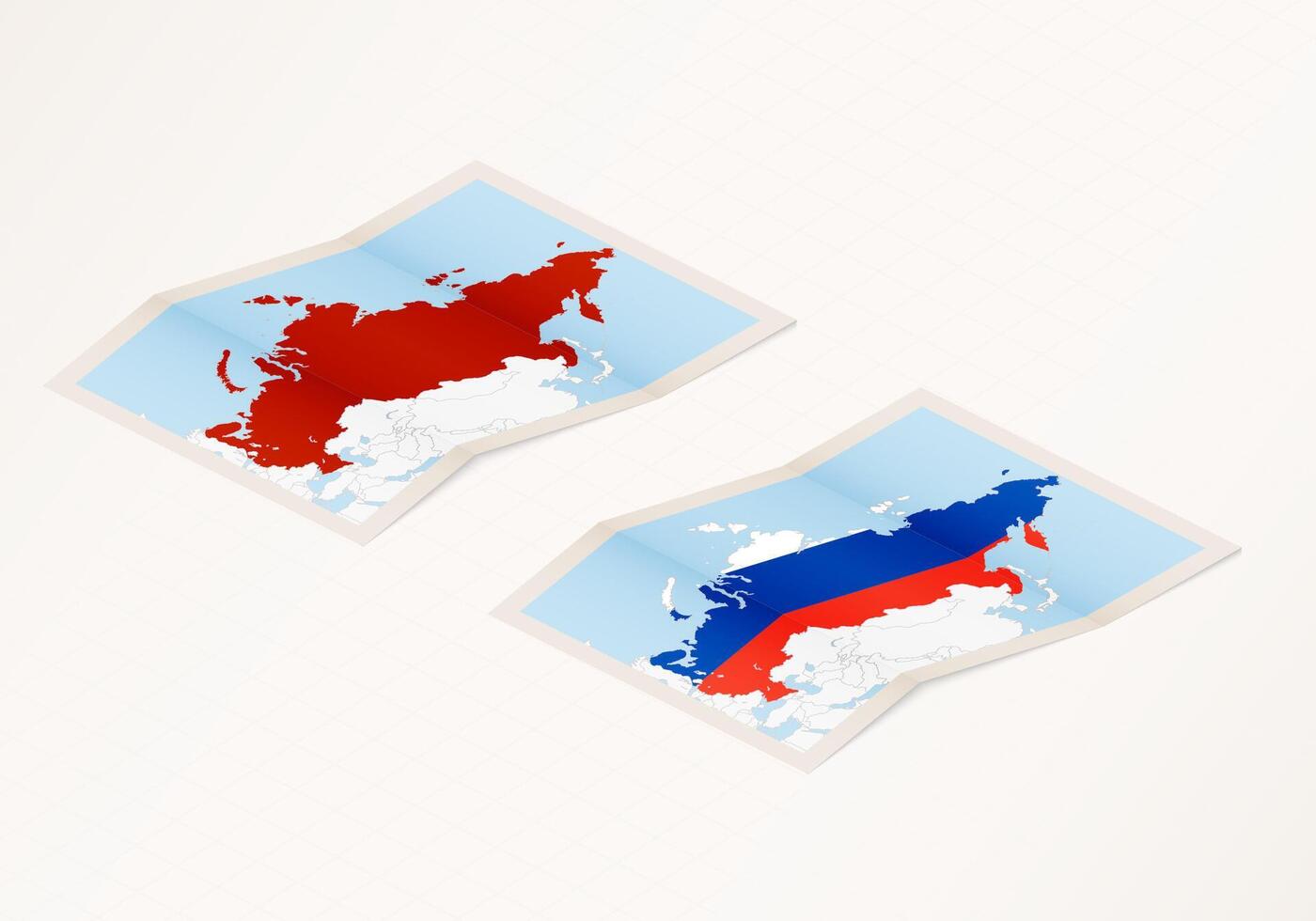 Two versions of a folded map of Russia with the flag of the country of Russia and with the red color highlighted. vector