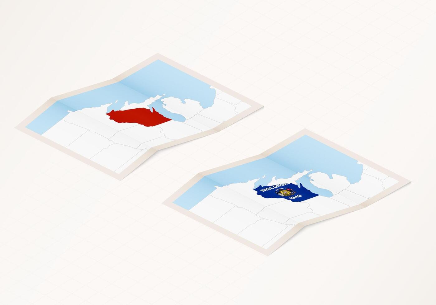 Two versions of a folded map of Wisconsin with the flag of the country of Wisconsin and with the red color highlighted. vector