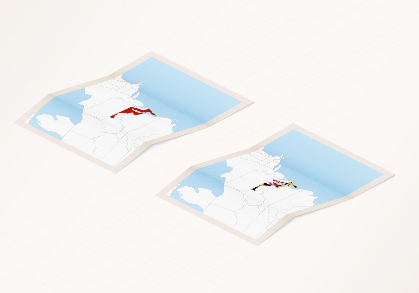 Two versions of a folded map of Maryland with the flag of the country of Maryland and with the red color highlighted. vector